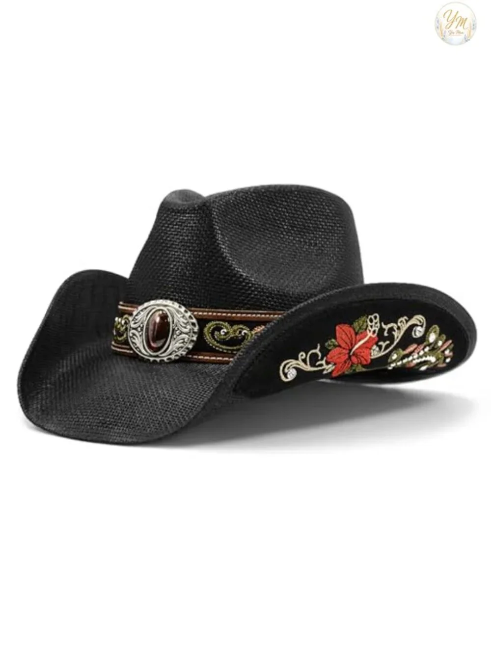 Handmade Straw Cowboy Hat Embroidered Rhinestones Adjustable Sizes